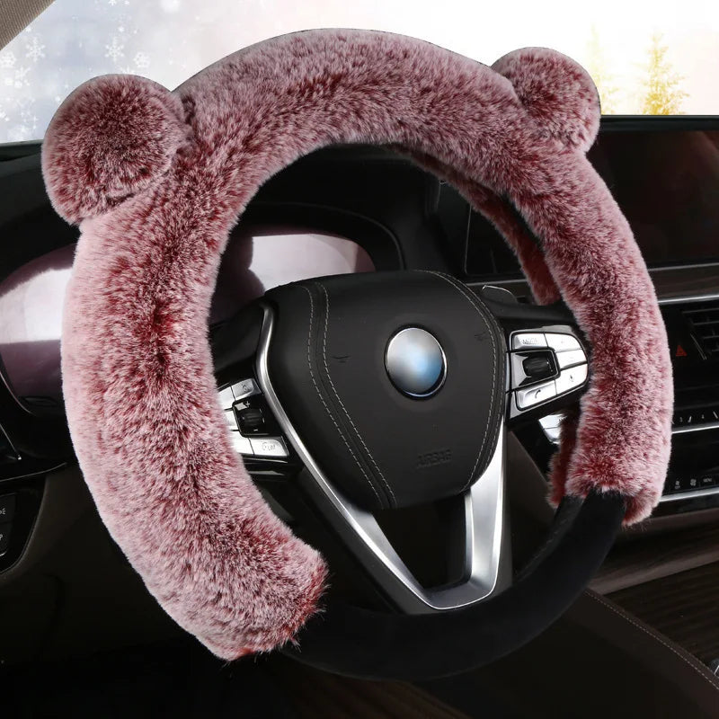 Winter Plush Steering Wheel Cover – Soft Faux Rabbit Fur, Cute Ear Design, Universal Fit 37–38cm - Delicate Leather  