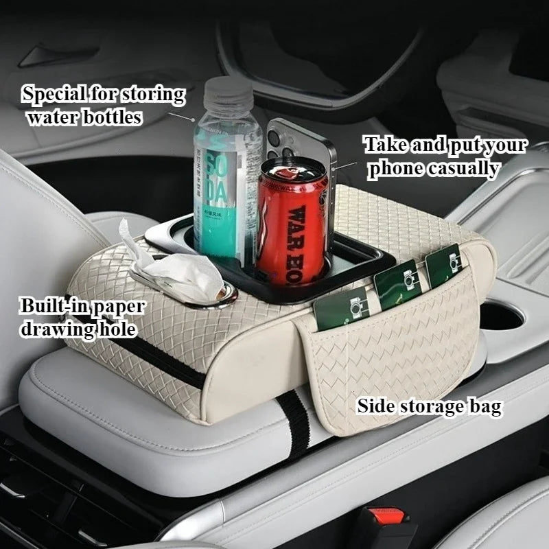 Car Armrest Cushion with Tissue Box, Cup Holder & Phone Pocket – Multifunctional Arm Rest Pad for Trucks and Vehicles - Delicate Leather  
