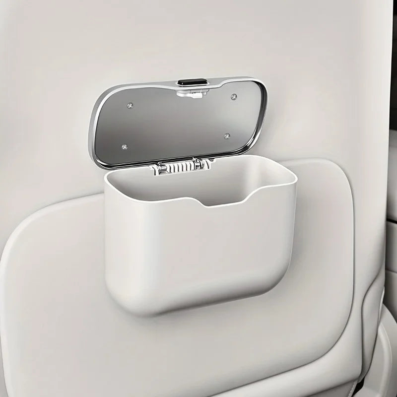 Car Trash Can with Lid and Mobile Phone Holder – 5L Rear Seat Hanging Storage Bin, Pressing-Type Square Waste Container - Delicate Leather  