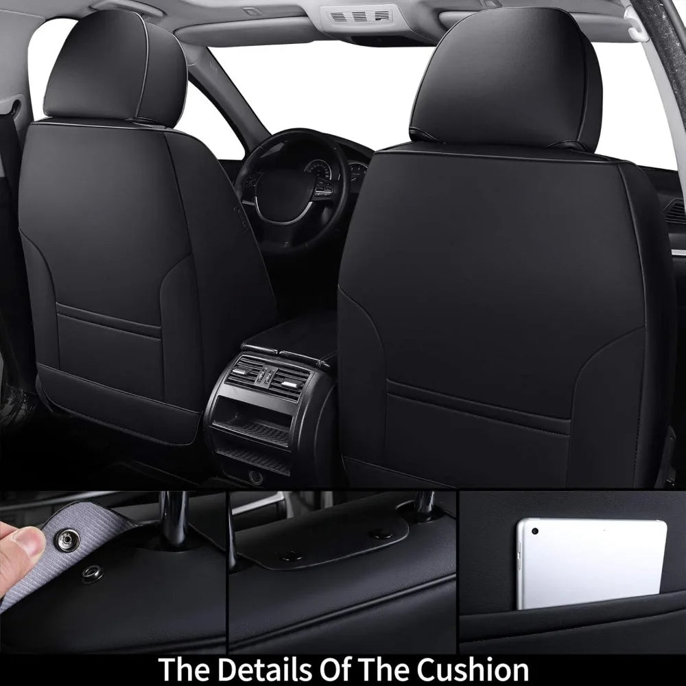 Seat Covers Full Set – Breathable Fabric & Leather, Waterproof, Universal Fit (Black/Red) - Delicate Leather  