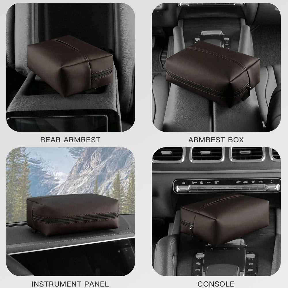 Car Tissue Holder – PU Leather Sun Visor Tissue Box for Center Armrest and Seat Back, Universal Fit - Delicate Leather  