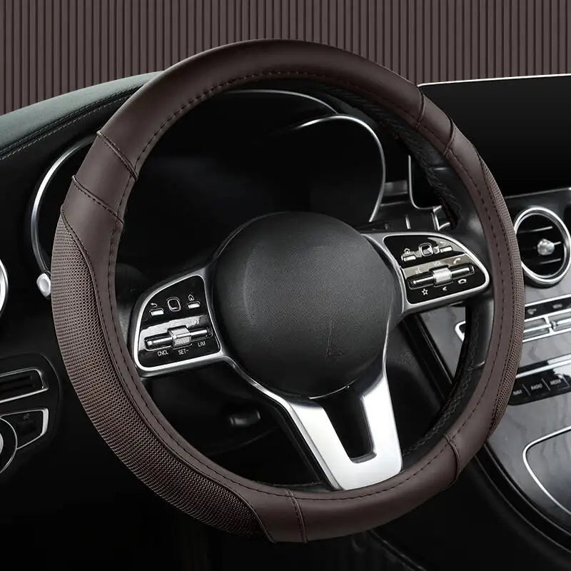 Easy-to-Clean Steering Wheel Cover 38cm (15in) – Universal Non-Slip Handle Protector for All Seasons - Delicate Leather  