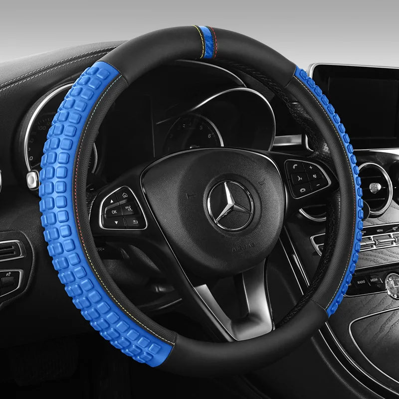 Sport Leather Steering Wheel Cover – Universal Car Handle Protector, Blue & Black - Delicate Leather  