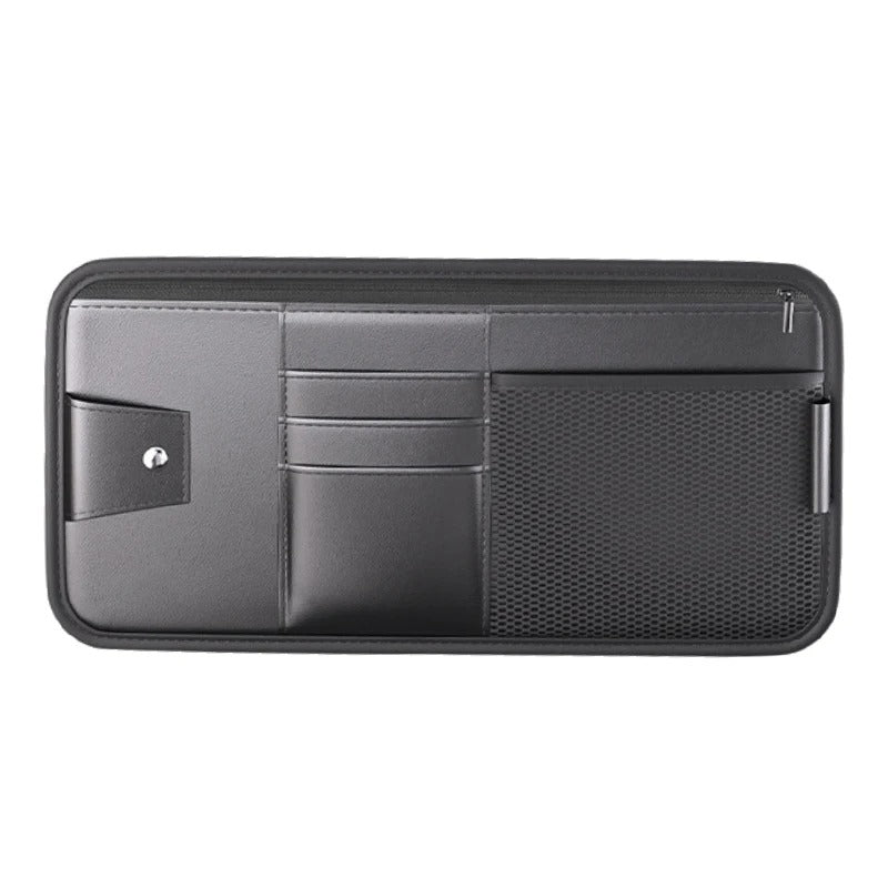 PU Leather Car Sun Visor Organizer – Multi-Pocket Storage Bag with Card Holder and Glasses Clip, 16×32 cm - Delicate Leather  
