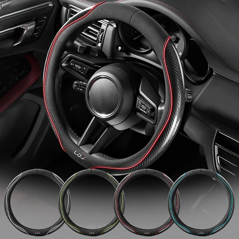 Suede & Carbon Fiber Steering Wheel Cover – Breathable Non-Slip Sport Grip - Delicate Leather