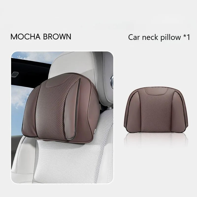 Nappa Leather Car Headrest & Lumbar Support Pillow Set – Universal Neck & Back Cushion - Delicate Leather