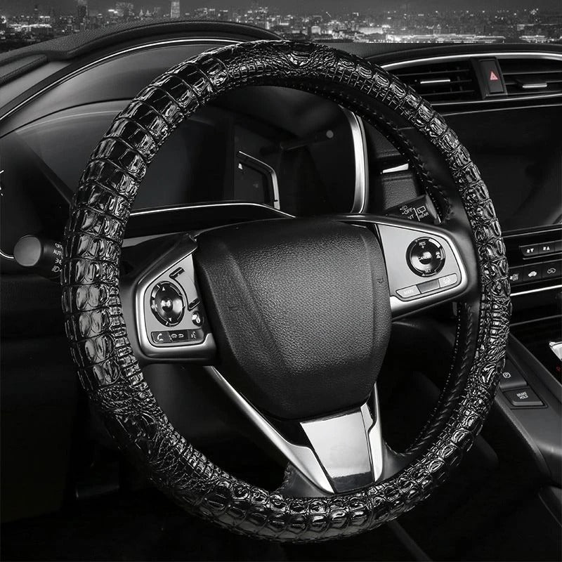 Crocodile-Texture Leather Steering Wheel Cover – Anti-Slip, Universal 14.5–15 Inch (37–38cm)