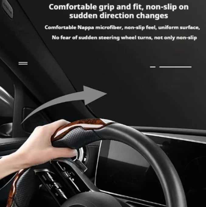 Universal Wood Grain Steering Wheel Cover 38cm – Breathable Non-Slip Sweat-Absorbent Car Steering Wheel Protector - Delicate Leather