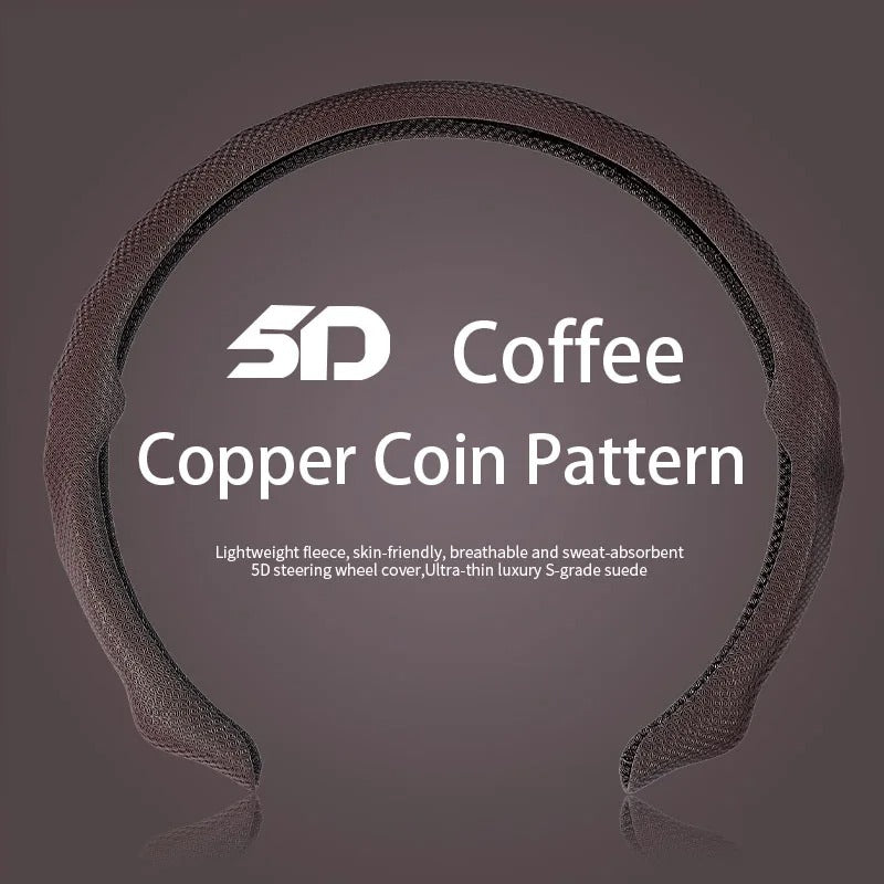 5D Copper Coin Pattern Steering Wheel Cover 38cm – Ultra-Thin Breathable Non-Slip Universal Car Steering Wheel Protector - Delicate Leather
