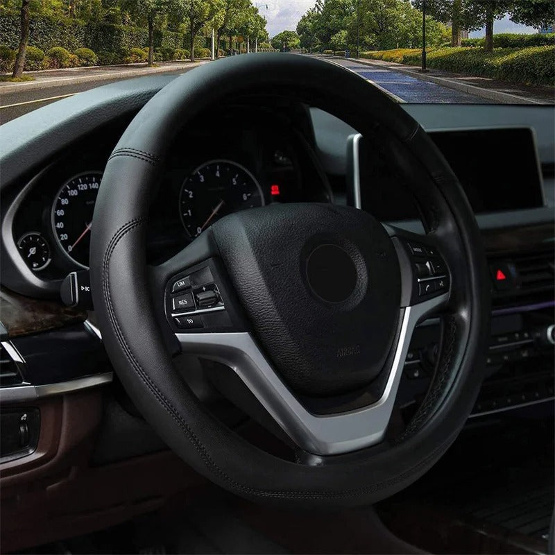 Universal Leather Steering Wheel Cover – Breathable Non-Slip 37–38 cm Steering Wheel Protector - Delicate Leather
