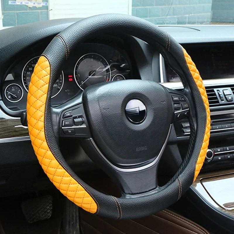 Universal Leather Steering Wheel Cover – Anti-Slip Steering Wheel Protector (37–38 cm) - Delicate Leather