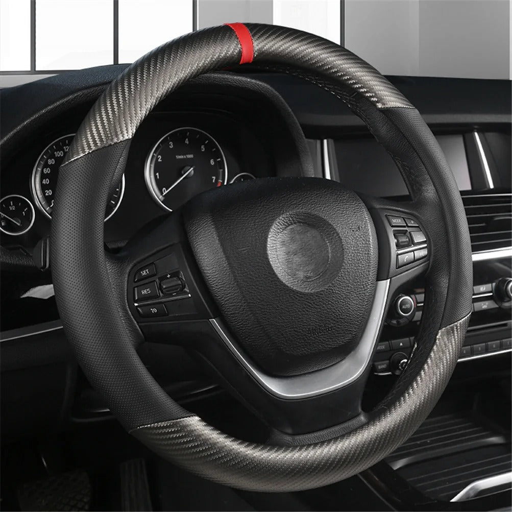 38cm Carbon Fiber Leather Steering Wheel Cover – Breathable, Non-Slip, Compatible with BMW 1/3/5 Series, X1, X3, X5, X6 - Delicate Leather  