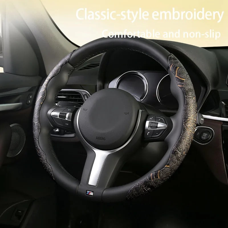 Universal Antique Pattern Steering Wheel Cover 38cm – Segmented Breathable Ultra-Thin Non-Slip Car Steering Wheel Protector - Delicate Leather