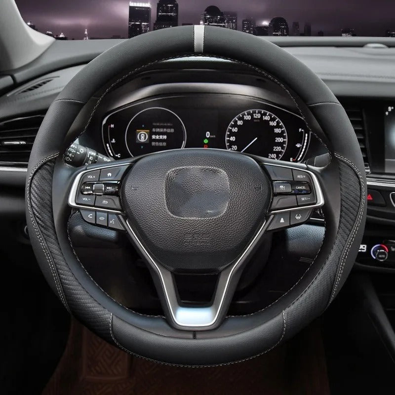 Microfiber Leather & Carbon Fiber Steering Wheel Cover – Universal O/D Shape Anti-Slip Grip - Delicate Leather