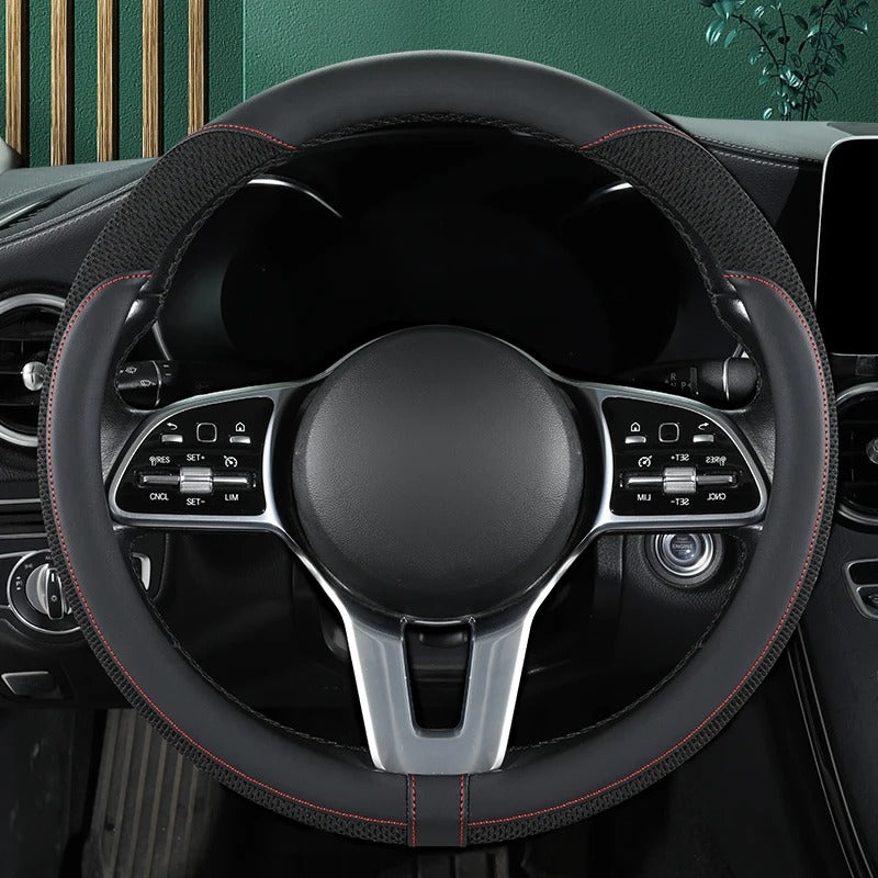 Premium Leather & Ice Silk Steering Wheel Cover – Breathable Mesh, Stitched Design, Universal 14.5–15 Inch, All Seasons - Delicate Leather  