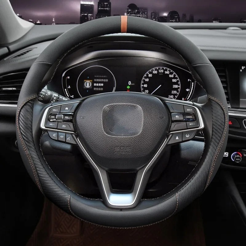 Microfiber Leather & Carbon Fiber Steering Wheel Cover – Universal O/D Shape Anti-Slip Grip - Delicate Leather