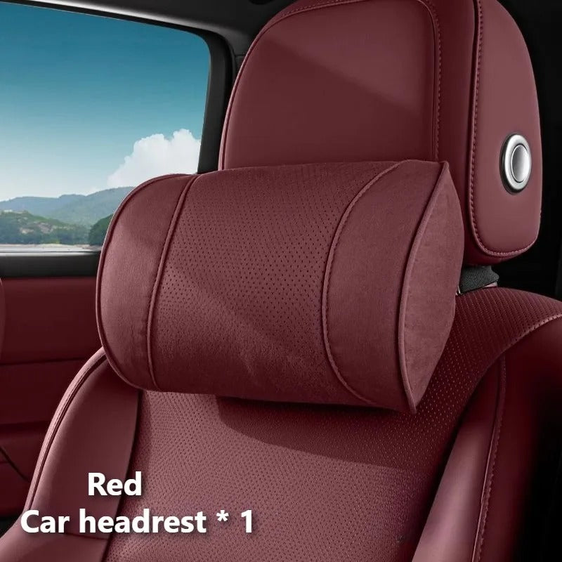 Premium Suede Car Neck & Lumbar Support Pillow Set – Universal Headrest and Waist Cushion for Cars, SUVs & Trucks - Delicate Leather