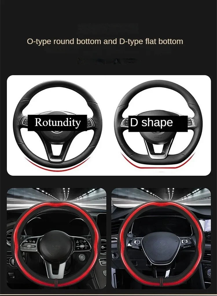 PU Leather and Carbon Fiber Steering Wheel Cover – Non-Slip Grip, Universal Fit 38 cm, All-Season Car Interior Accessory - Delicate Leather  
