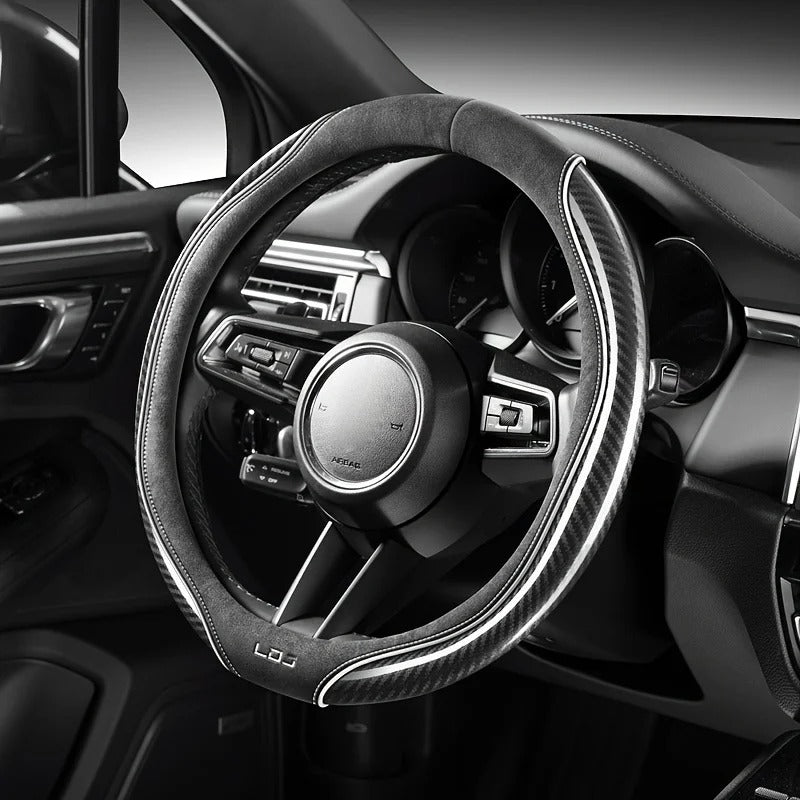 Suede & Carbon Fiber Steering Wheel Cover – Breathable Non-Slip Sport Grip - Delicate Leather