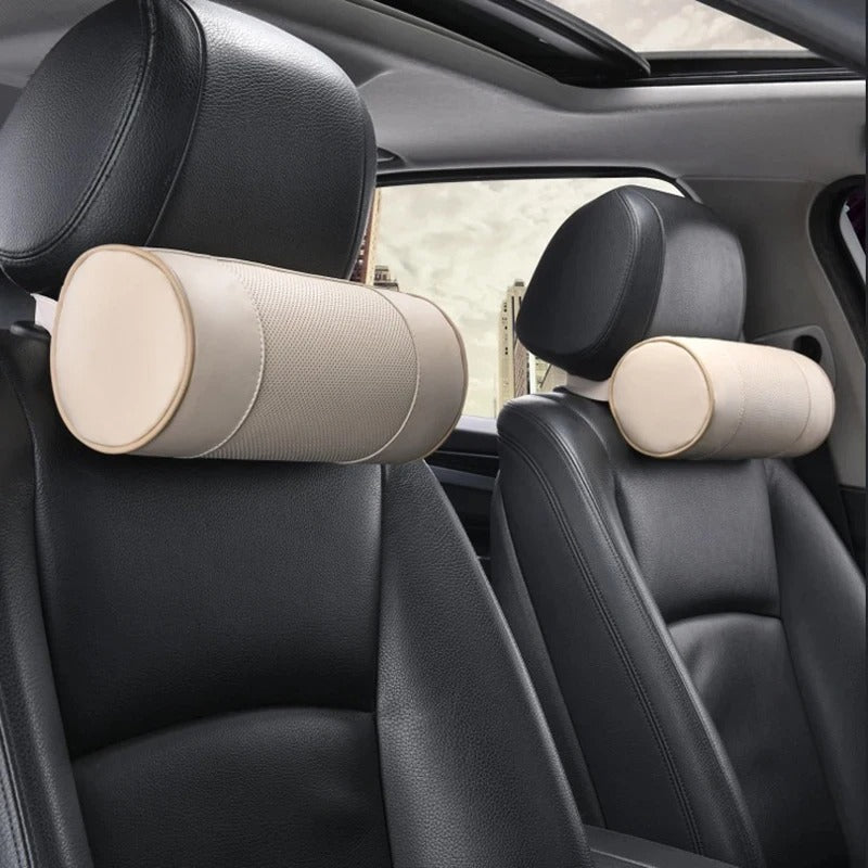 Genuine Cowhide Leather Car Neck Pillow – Cylindrical Memory Foam Cushion for Car & Office - Delicate Leather