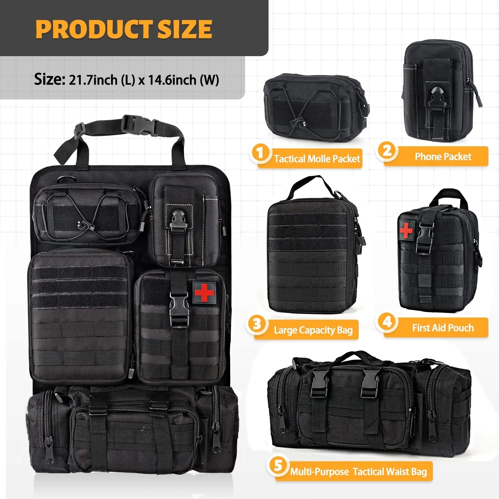 Tactical Car Seat Back Organizer with 5 Detachable Pouches