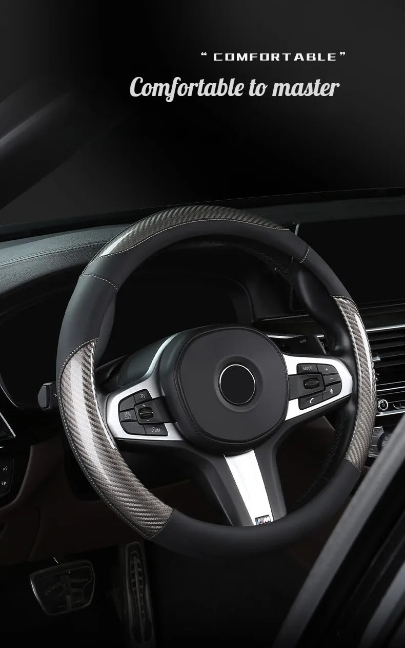 Carbon Fiber & Leather Steering Wheel Cover – Sports Style, O-Shape, Breathable & Non-Slip Rubber Inner Ring, Universal 37–38 cm Four-Season - Delicate Leather  