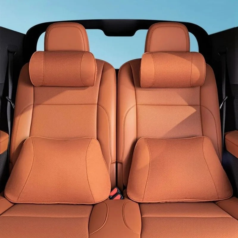 Premium Suede Car Neck & Lumbar Support Pillow Set – Universal Headrest and Waist Cushion for Cars, SUVs & Trucks - Delicate Leather