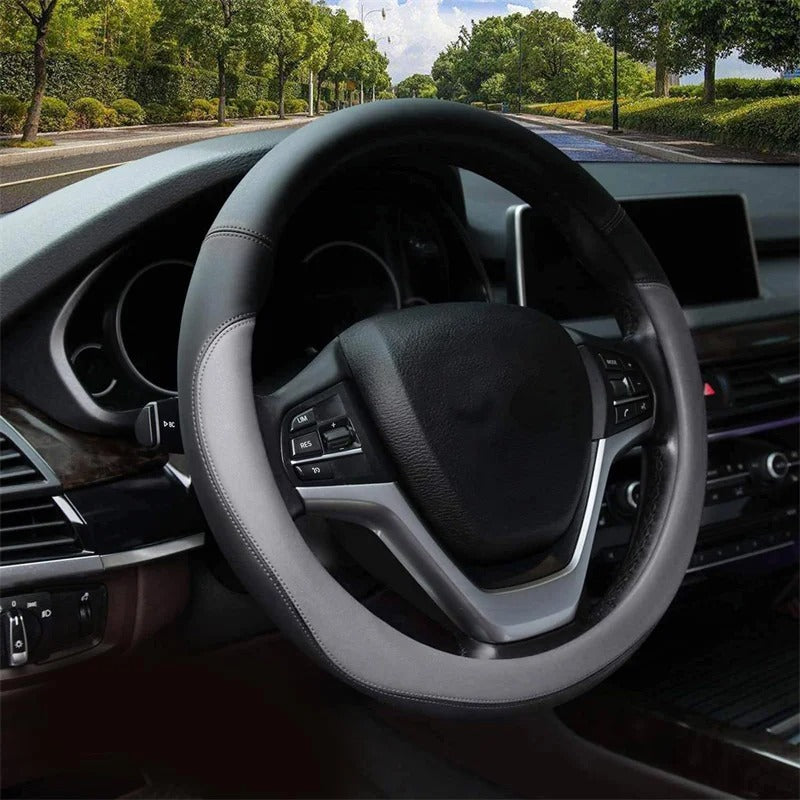 Universal Leather Steering Wheel Cover – Breathable Non-Slip 37–38 cm Steering Wheel Protector - Delicate Leather
