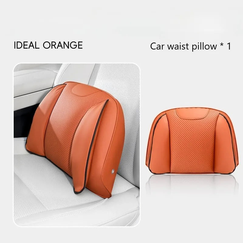 Nappa Leather Car Headrest & Lumbar Support Pillow Set – Universal Neck & Back Cushion - Delicate Leather