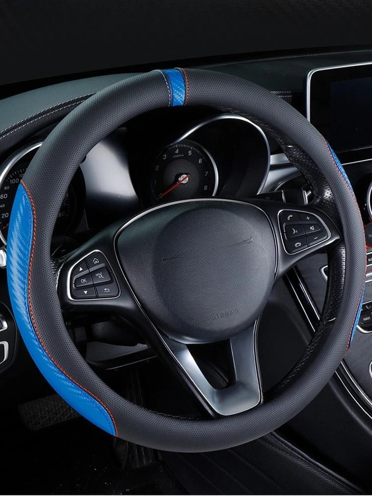 Carbon Fiber Microfiber Leather Steering Wheel Cover – Universal 37–38CM O/D Shape Non-Slip Grip - Delicate Leather