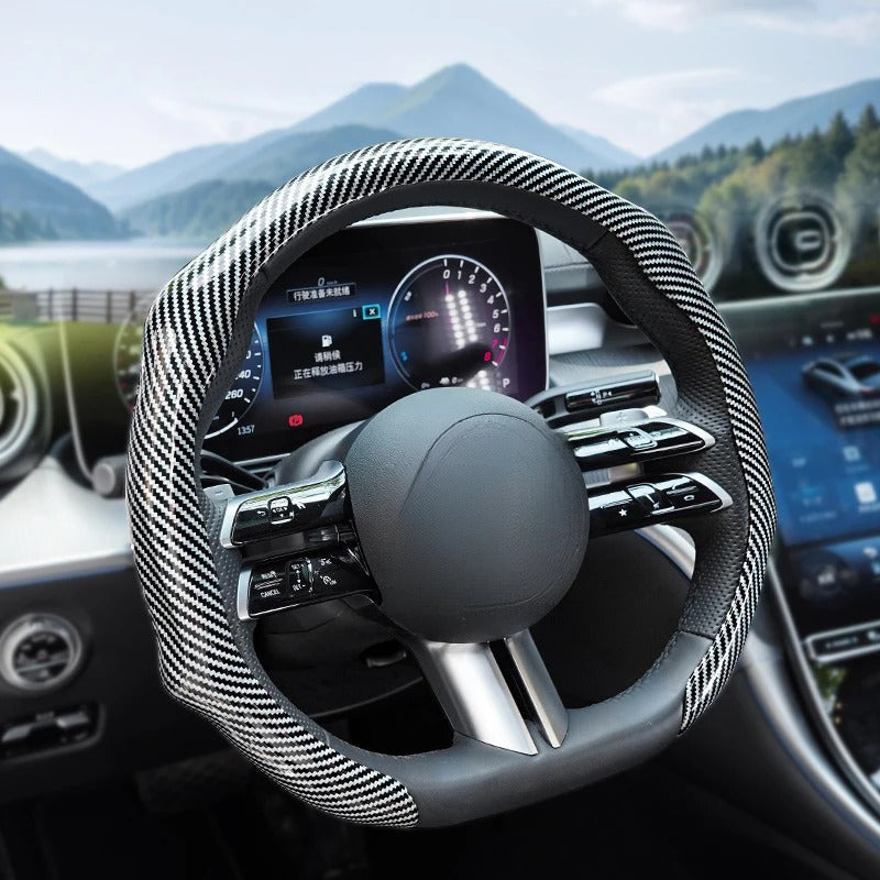 5D Laser Carbon Fiber Pattern Steering Wheel Cover – Universal 38cm Fit, Anti-Slip Synthetic Material - Delicate Leather  