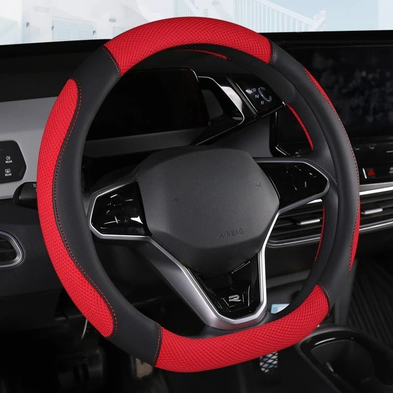 D-Shape Ice Silk & Leather Steering Wheel Cover – Universal 14.5–15 Inch Anti-Slip Grip - Delicate Leather