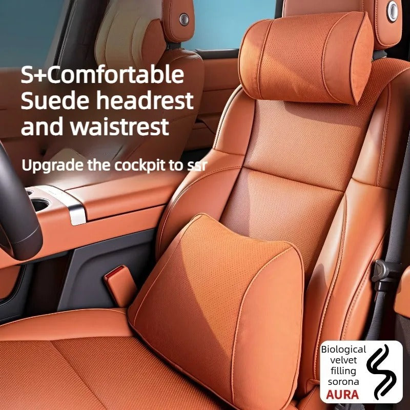 Premium Suede Car Neck & Lumbar Support Pillow Set – Universal Headrest and Waist Cushion for Cars, SUVs & Trucks - Delicate Leather