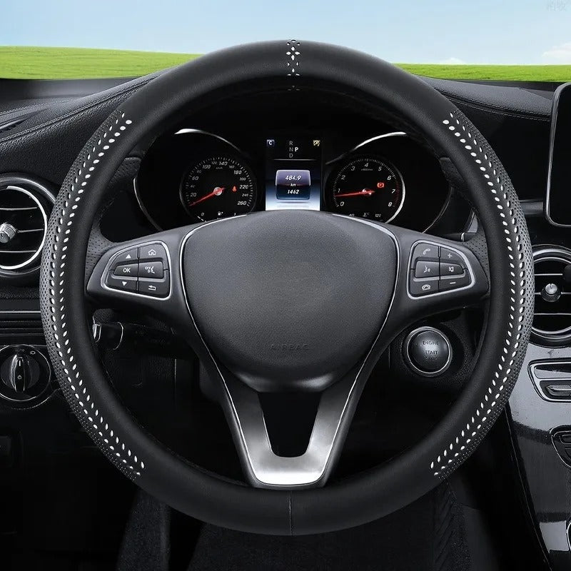 Universal Nappa Leather Steering Wheel Cover 38cm – O-Type, D-Type & Double D Non-Slip Car Steering Wheel Protector - Delicate Leather