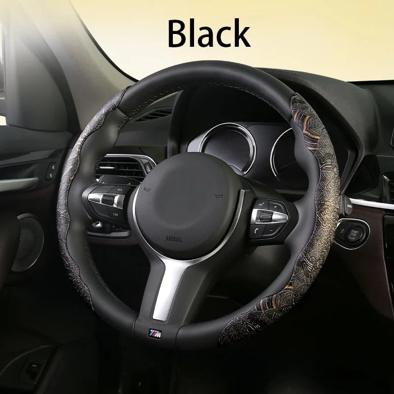 Universal Antique Pattern Steering Wheel Cover 38cm – Segmented Breathable Ultra-Thin Non-Slip Car Steering Wheel Protector - Delicate Leather