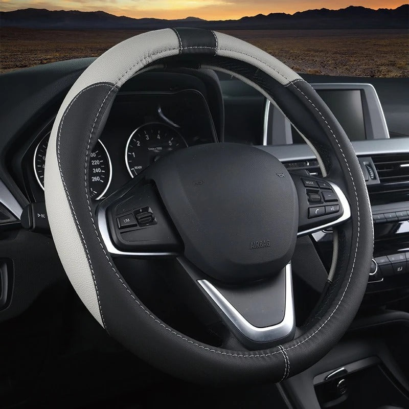 38CM Universal Faux Leather Steering Wheel Cover – Non-Slip Car Interior Handle Protector, All-Season Steering Wheel Wrap - Delicate Leather