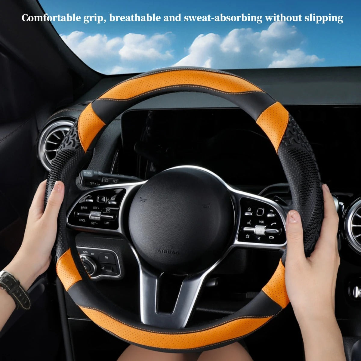 PU Leather Steering Wheel Cover – All-Season Perforated Design with Heat-Embossed Pattern (14.5–15 Inch Fit) - Delicate Leather  