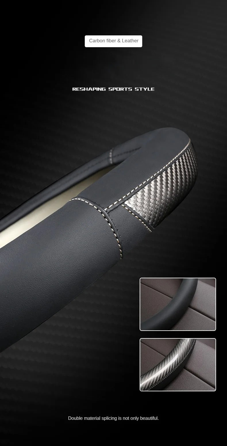 Carbon Fiber & Leather Steering Wheel Cover – Sports Style, O-Shape, Breathable & Non-Slip Rubber Inner Ring, Universal 37–38 cm Four-Season - Delicate Leather  