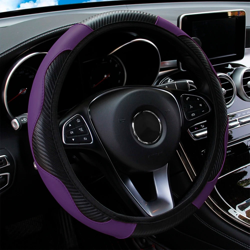 PU Carbon Fiber Steering Wheel Cover – Fits 14.5 to 15 Inch Wheels - Delicate Leather  