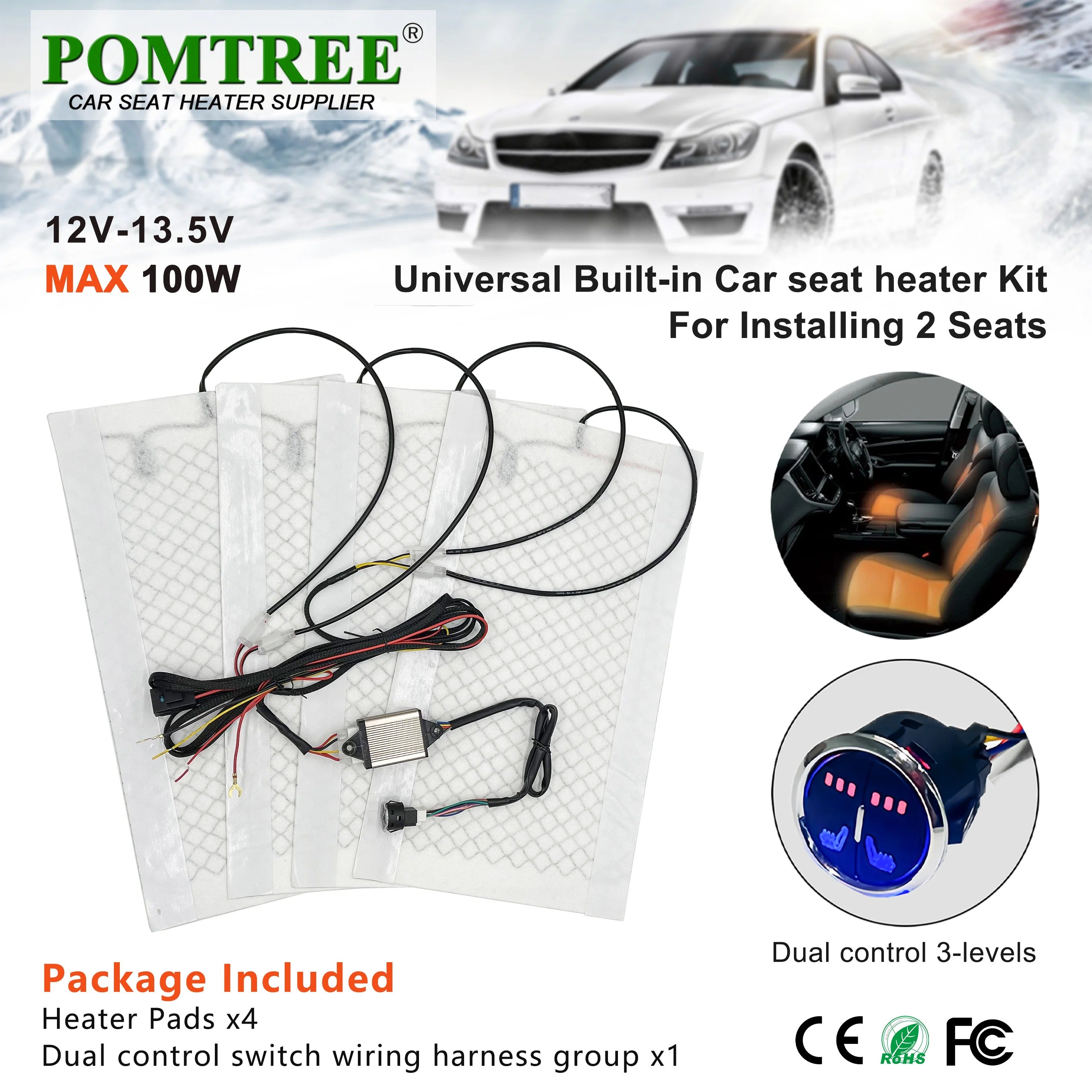 12V 25W Universal Car Seat Heater Kit for 2 Seats – Carbon Fiber Heating Pads with Dual Control & Memory Mode - Delicate Leather