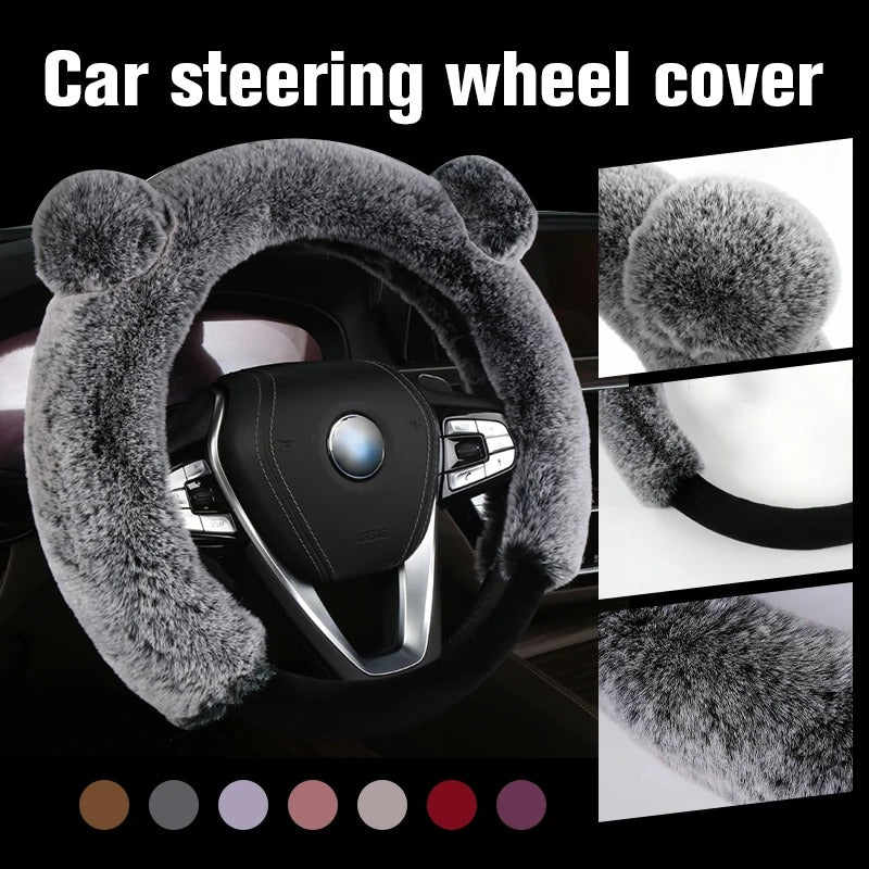 Universal Cute Ear Steering Wheel Cover – Soft Faux Rabbit Fur Plush Car Interior Accessory for Winter, Fits 37–38cm - Delicate Leather  