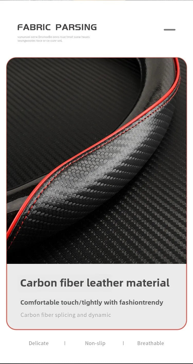 Sports Carbon Fiber Steering Wheel Cover Universal Fit – Anti-Slip Handle Cover for O / D / Double-D Steering Wheels (37–38cm) - Delicate Leather  