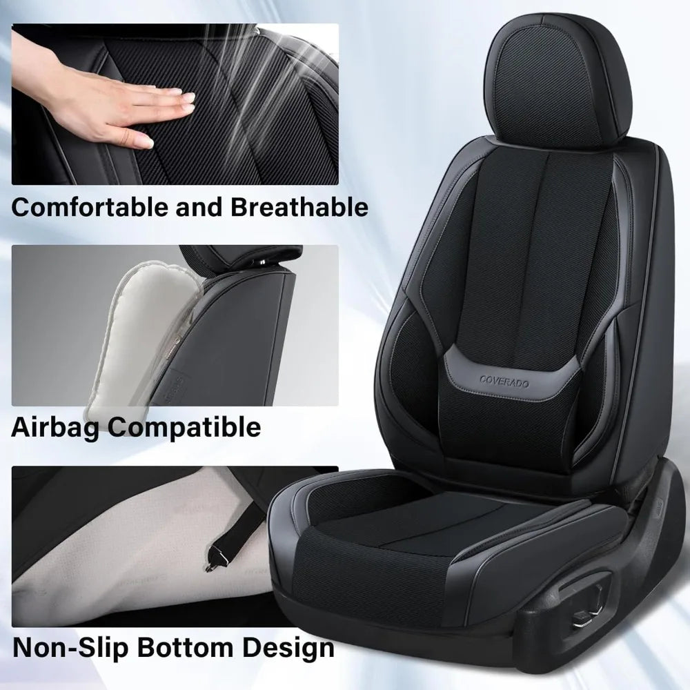Seat Covers Full Set – Breathable Fabric & Leather, Waterproof, Universal Fit (Black/Red) - Delicate Leather  