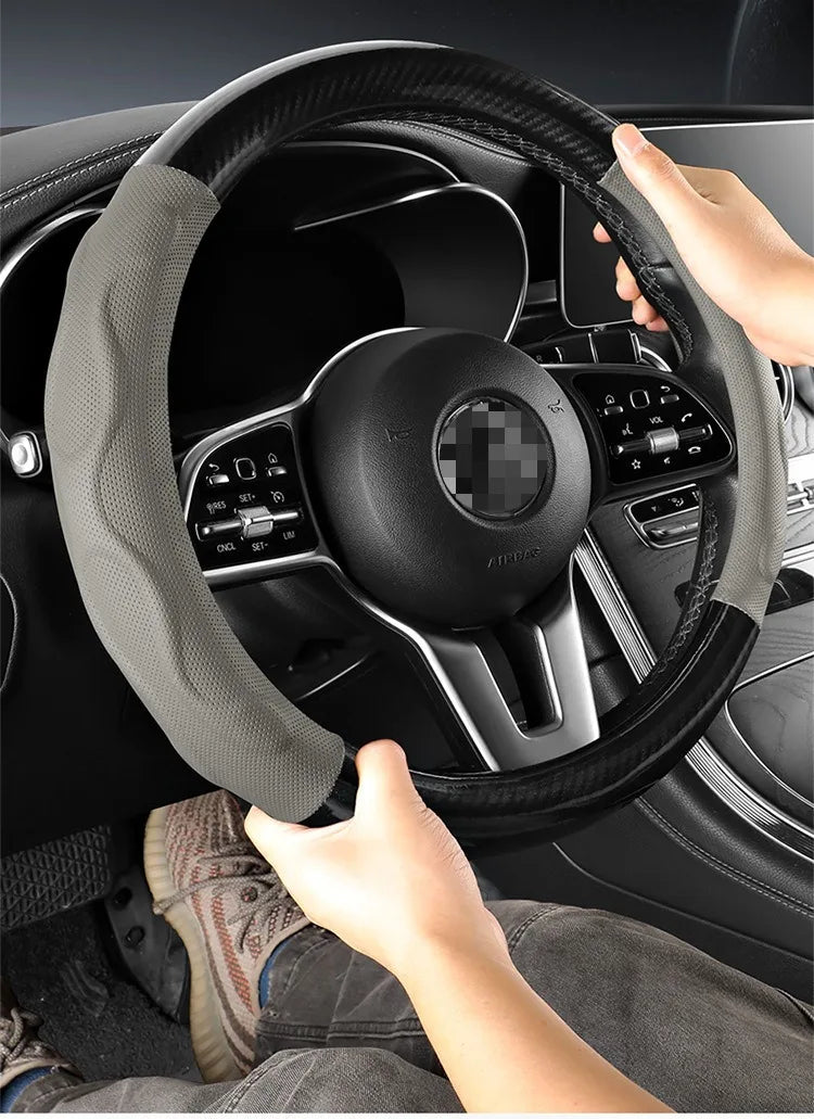 Leather Car Steering Wheel Cover, Fine Skin Texture, Comfortable Grip, Wear-Resistant, All-Season, Universal Fit - Delicate Leather  