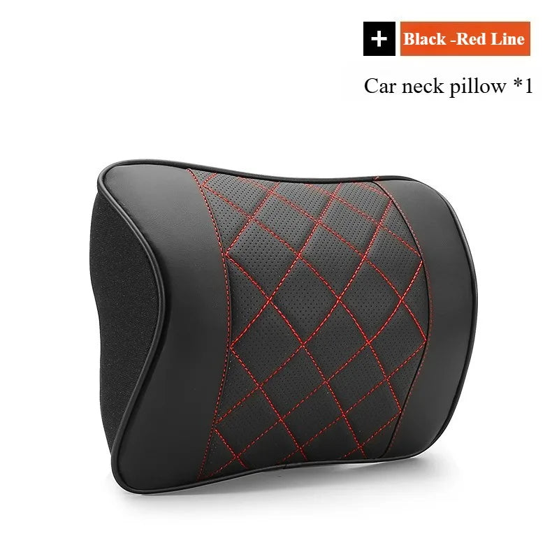 Nappa Leather Car Headrest & Lumbar Support Set – Memory Foam Neck and Waist Cushion - Delicate Leather  