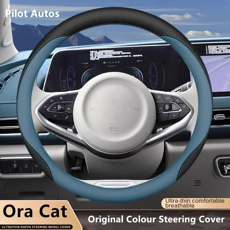 Original Colour Leather Steering Wheel Cover – Breathable Nappa Leather Protector, Custom Fit for ORA CAT / GWM ORA 03 Funky Cat - Delicate Leather  