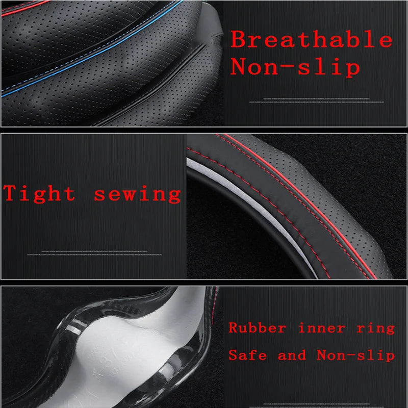 Leather Carbon Fiber Car Steering Wheel Cover – 38cm Non-Slip, Breathable, All-Season - Delicate Leather  