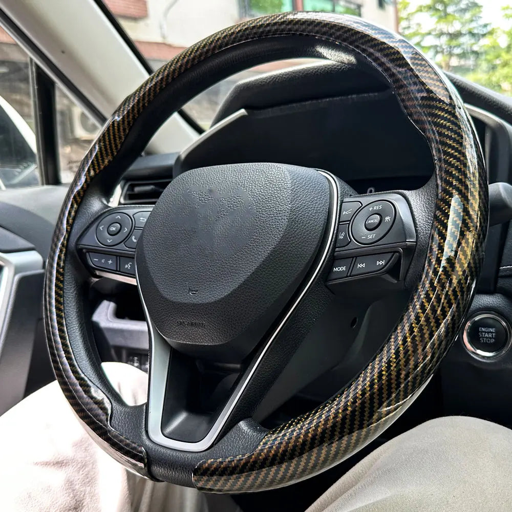 Carbon Fiber Style Steering Wheel Cover – Breathable Non-Slip Round Universal Fit - Delicate Leather  