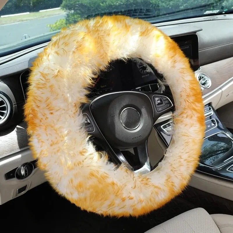 Winter Long Plush Wool Steering Wheel Cover – Soft Thick Warm Grip with Non-Slip Inner Ring, Universal O / D / Dual-D - Delicate Leather  