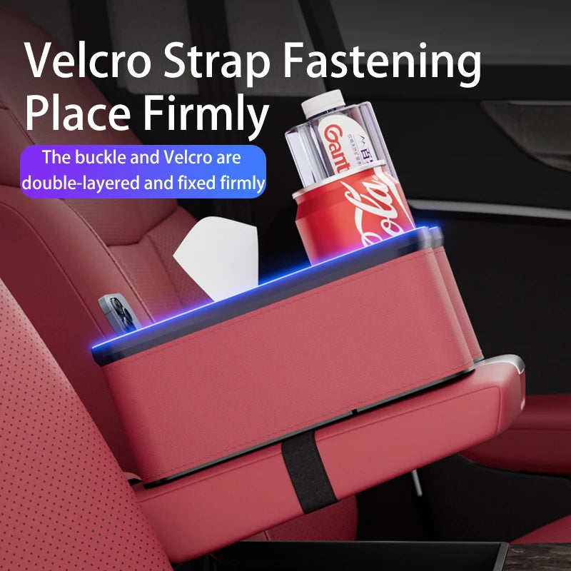Car Armrest Storage Box with LED Ambient Light & Type-C USB Charger – Universal Center Console Organizer - Delicate Leather  